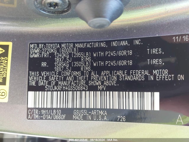 Toyota Highlander Xle V6 2016 5TDJKRFH4GS506843 Image 9