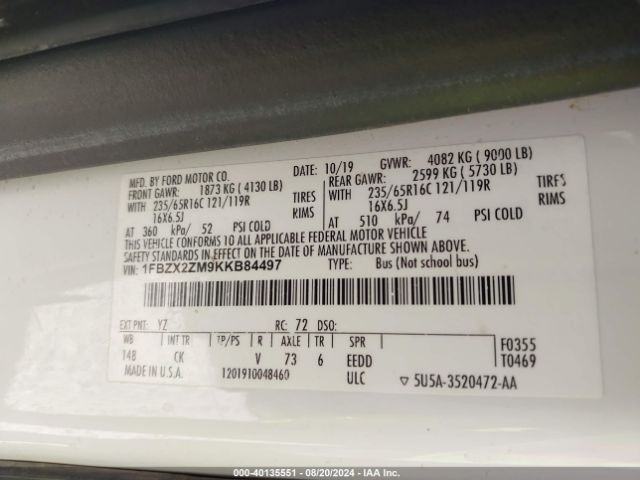 1FBZX2ZM9KKB84497 Ford Transit-350 Xlt