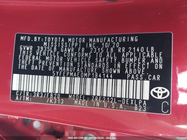 Toyota COROLLA LE 2021 5YFEPMAE0MP184144 Image 9