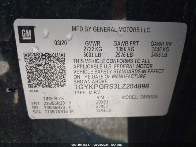 1GYKPGRS3LZ204898 Cadillac Xt6 Awd Sport