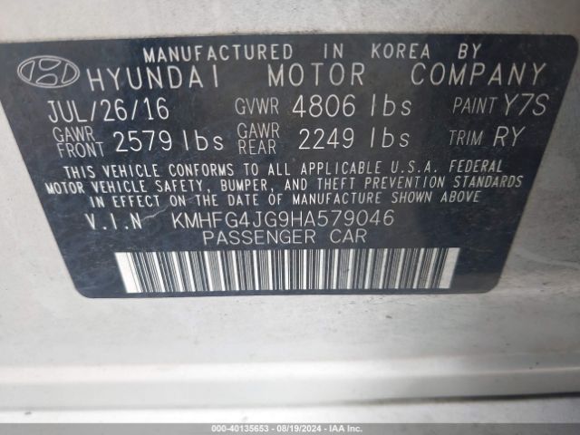 KMHFG4JG9HA579046 Hyundai Azera