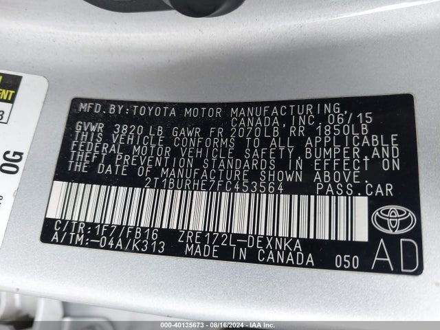 Toyota COROLLA LE 2015 2T1BURHE7FC453564 Image 9