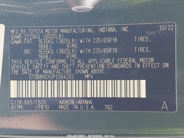 5TDBBRCH2PS564202 Toyota Highlander Hybrid Le