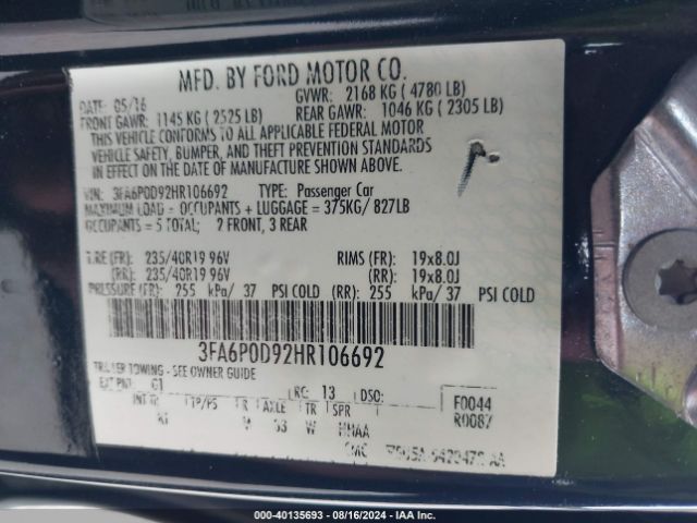 3FA6P0D92HR106692 Ford Fusion Titanium