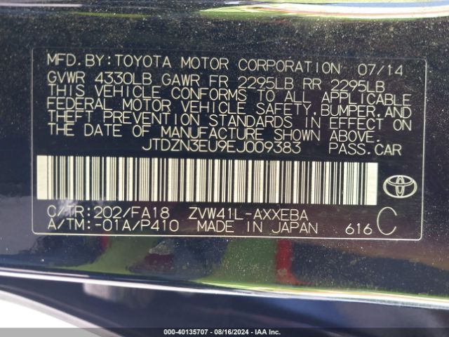 JTDZN3EU9EJ009383 Toyota Prius V Three