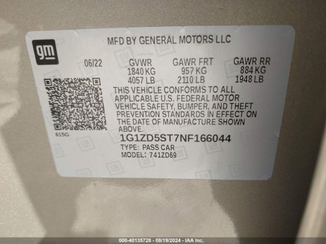 1G1ZD5ST7NF166044 Chevrolet Malibu Fwd Lt