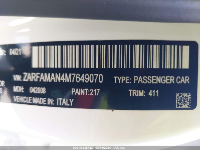 ZARFAMAN4M7649070 Alfa Romeo Giulia Rwd