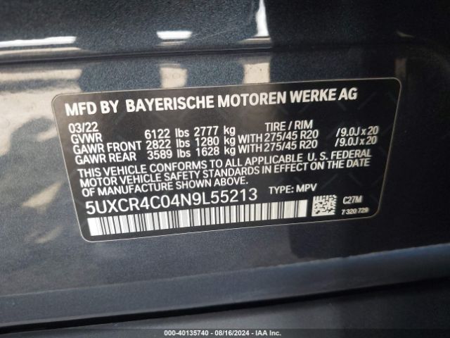 5UXCR4C04N9L55213 BMW X5 Sdrive40i