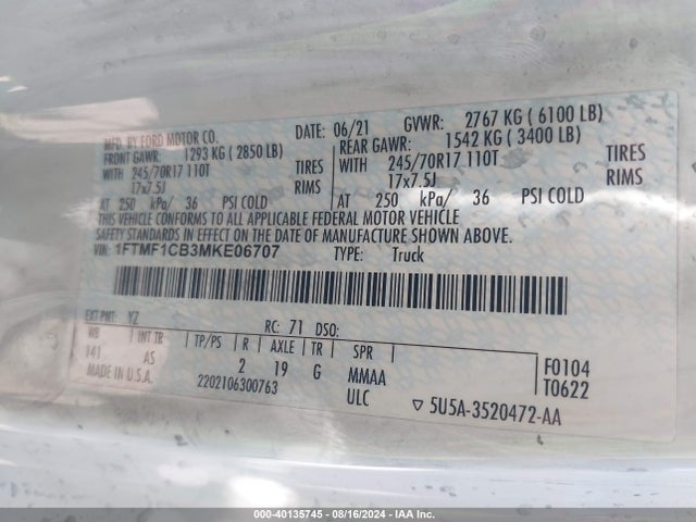Ford F-150 Xl 2021 1FTMF1CB3MKE06707 Image 9