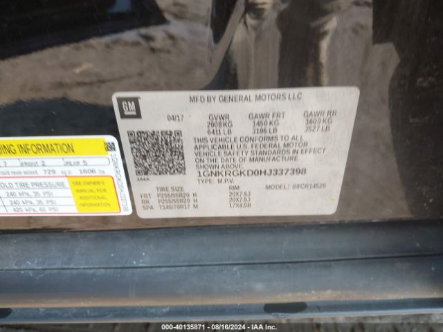 1GNKRGKD0HJ337398 Chevrolet Traverse 1lt