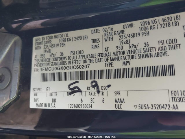 Ford ESCAPE SE 2016 1FMCU0GX0GUC60207 Image 9