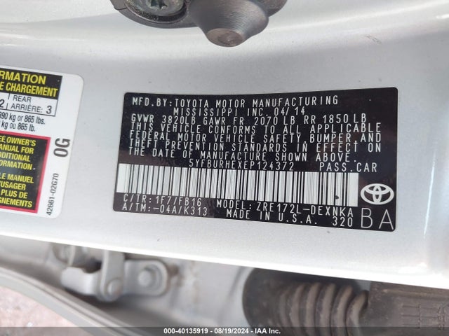 Toyota Corolla Le Plus 2014 5YFBURHEXEP124372 Image 9