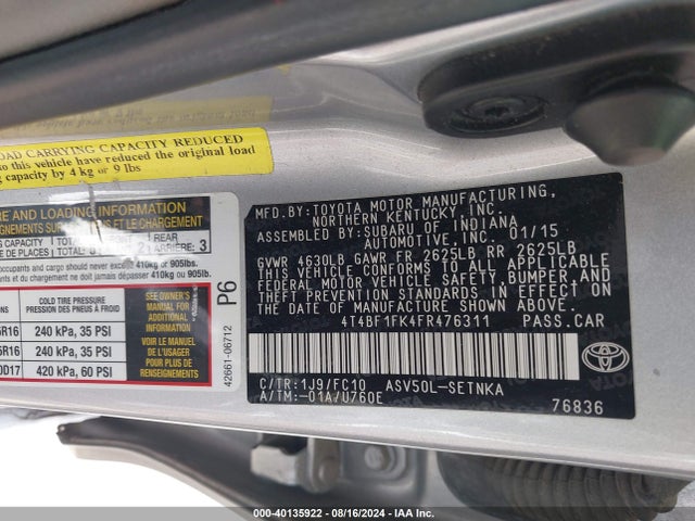 Toyota CAMRY LE 2015 4T4BF1FK4FR476311 Image 9