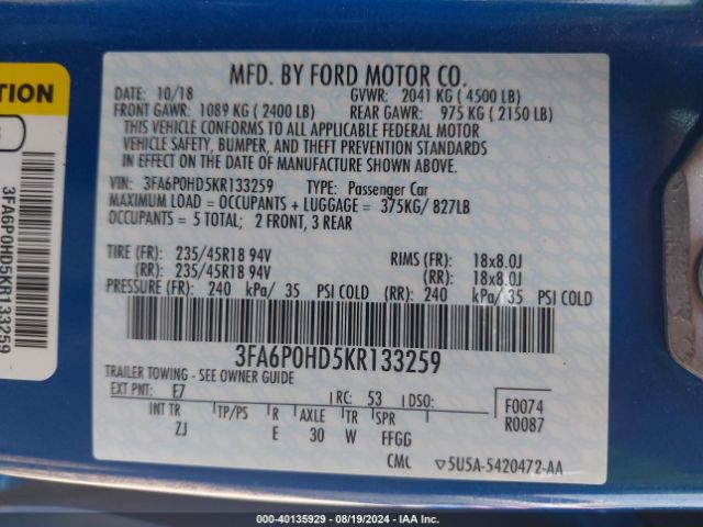 3FA6P0HD5KR133259 Ford FUSION SE