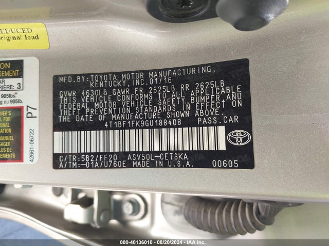 Toyota CAMRY SE 2016 4T1BF1FK9GU188408 Image 9