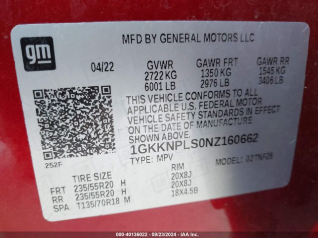 1GKKNPLS0NZ160662 GMC Acadia Fwd Denali