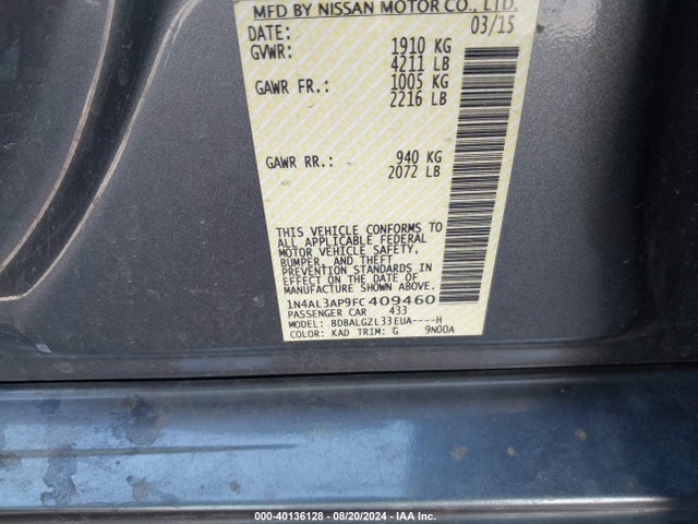 Nissan Altima 2.5 S 2015 1N4AL3AP9FC409460 Image 9