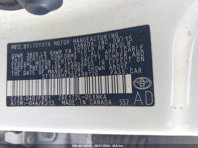 Toyota COROLLA LE 2016 2T1BURHE2GC499126 Image 9
