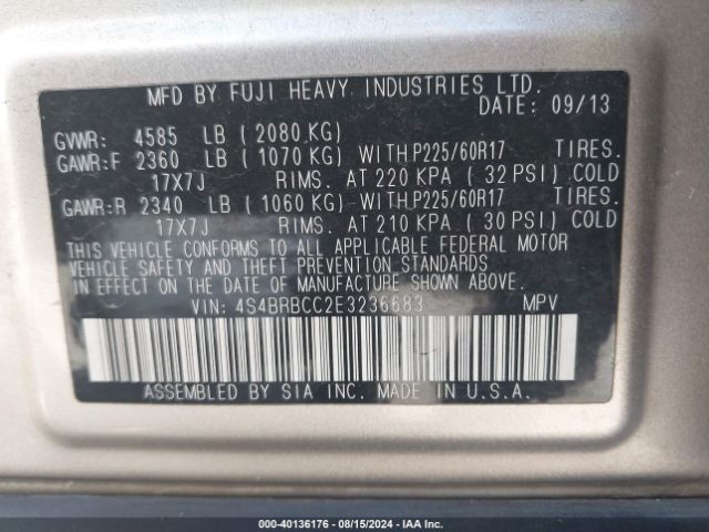 4S4BRBCC2E3236683 Subaru Outback 2.5i Premium