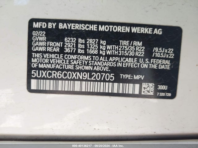 5UXCR6C0XN9L20705 BMW X5 Xdrive40i
