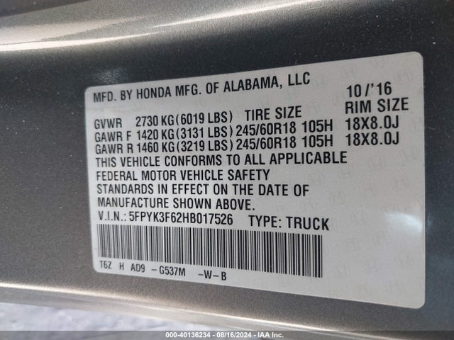 Honda Ridgeline Rtl-t 2017 5FPYK3F62HB017526 Image 9