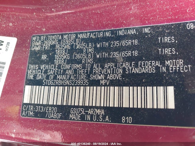 Toyota Highlander Xle 2022 5TDGZRBH9NS239935 Image 9