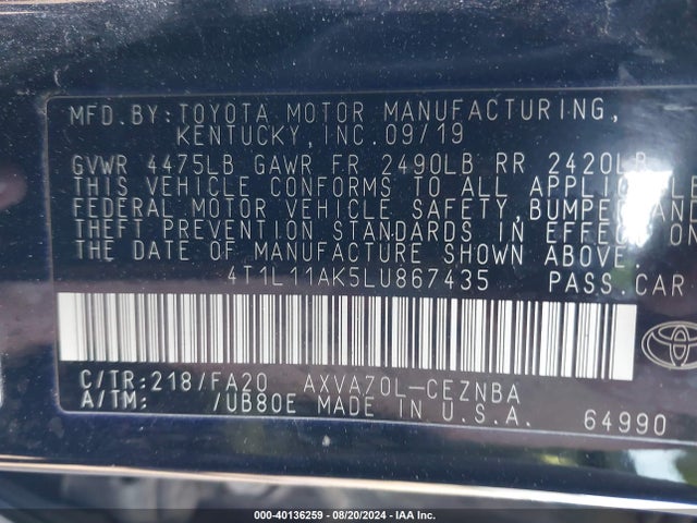 Toyota CAMRY LE 2020 4T1L11AK5LU867435 Image 9