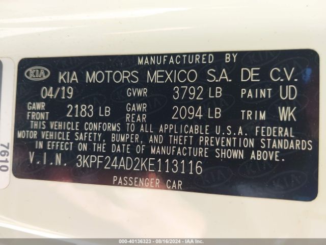 3KPF24AD2KE113116 KIA Forte Lxs