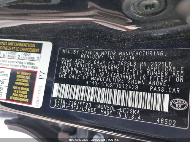 Toyota CAMRY SE 2015 4T1BF1FK6FU012429 Image 9