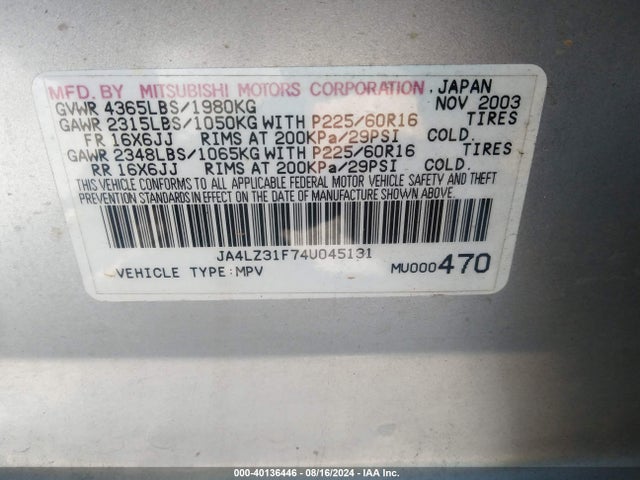 2004 MITSUBISHI OUTLANDER JA4LZ31F74U045131 Photo 8