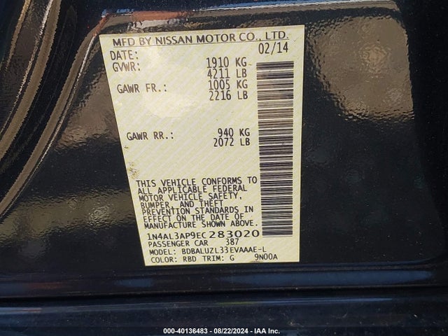 Nissan Altima 2.5 Sv 2014 1N4AL3AP9EC283020 Image 9