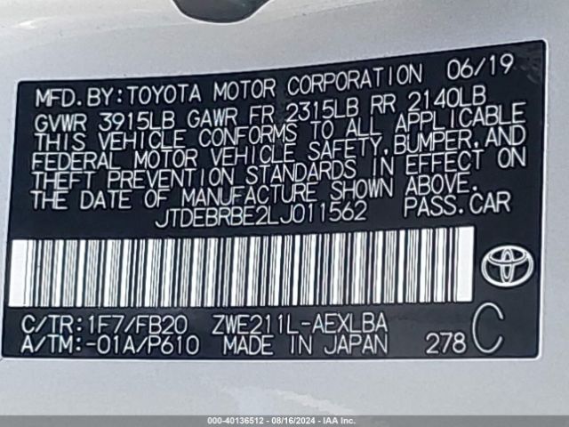 JTDEBRBE2LJ011562 Toyota Corolla Hybrid Le