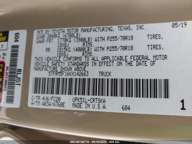 5TFRM5F16KX142663 Toyota Tundra Sr5 4.6l V8