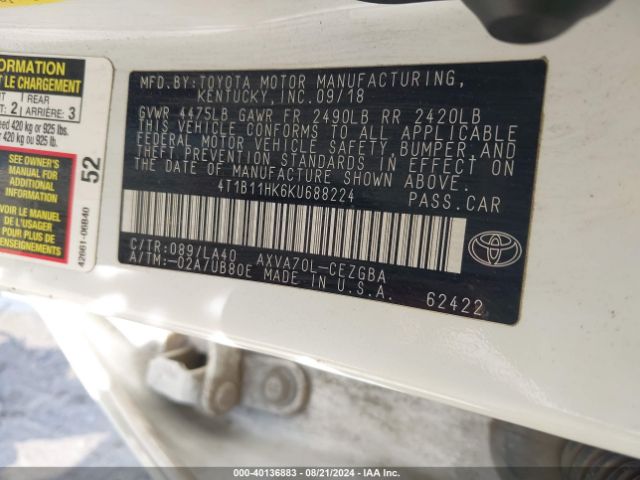 4T1B11HK6KU688224 Toyota CAMRY XLE