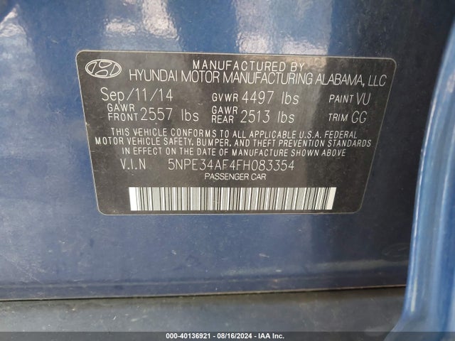 Hyundai Sonata Limited 2015 5NPE34AF4FH083354 Image 9