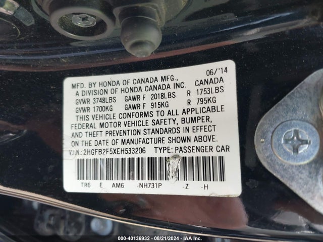 Honda Civic Lx 2014 2HGFB2F5XEH533206 Image 9