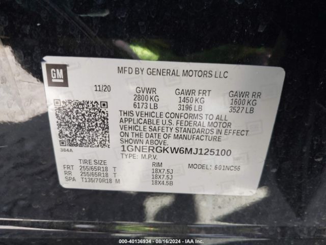 1GNERGKW6MJ125100 Chevrolet Traverse Fwd Lt Cloth