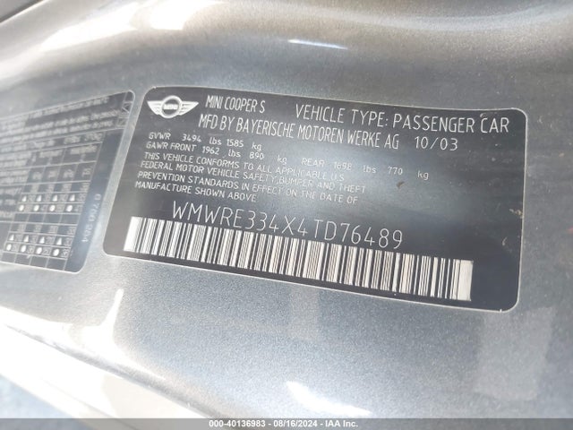 2004 MINI COOPER S WMWRE334X4TD76489 Photo 8