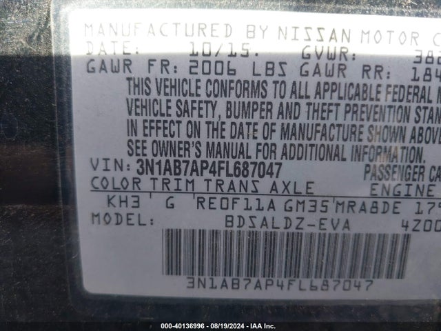 Nissan SENTRA SV 2015 3N1AB7AP4FL687047 Image 9