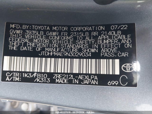 Toyota COROLLA LE 2022 JTDHPMAE9N3029034 Image 9