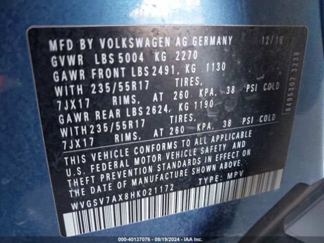 WVGSV7AX8HK021172 Volkswagen Tiguan 2.0t Wolfsburg Edition