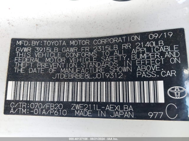 Toyota Corolla Hybrid Le 2020 JTDEBRBE8LJ019312 Image 9