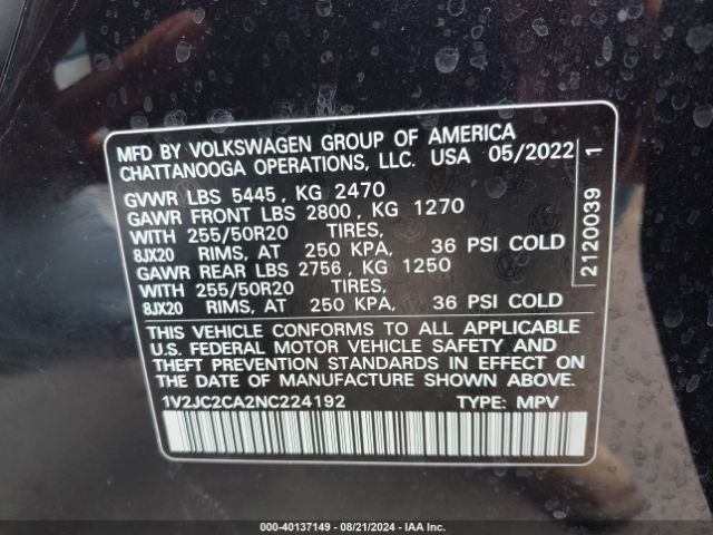 1V2JC2CA2NC224192 Volkswagen Atlas Cross Sport 2.0t Se W/technology