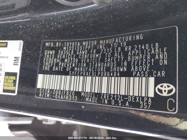 Toyota COROLLA LE 2020 5YFEPRAE0LP086484 Image 9