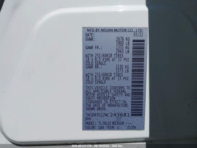 5N1DR3CC2NC243681 Nissan Pathfinder Sl 4wd