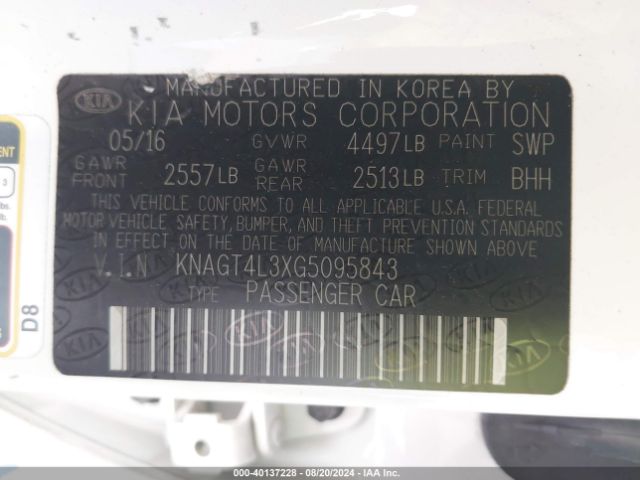 KNAGT4L3XG5095843 KIA Optima Lx