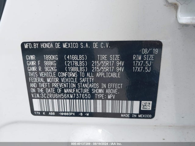 Honda HR-V EX 2019 3CZRU6H56KM737650 Image 9