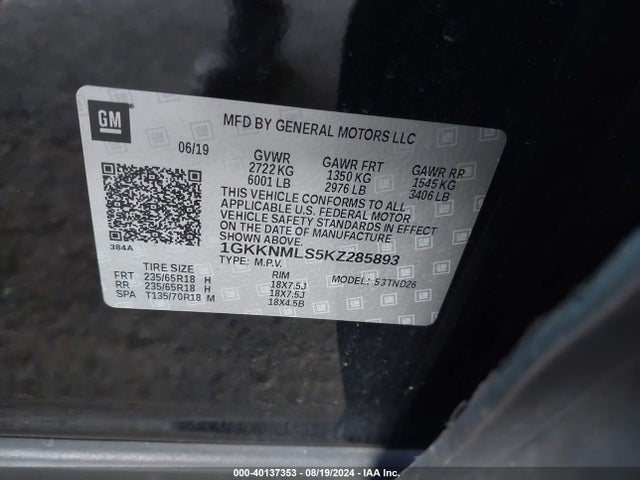 GMC Acadia Slt-1 2019 1GKKNMLS5KZ285893 Image 9