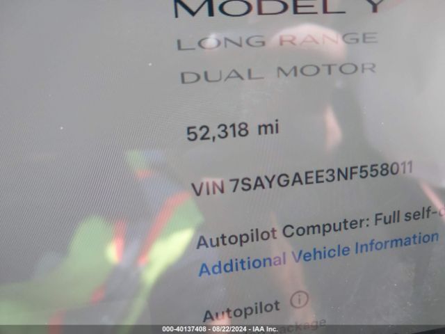 7SAYGAEE3NF558011 Tesla Model Y Long Range Dual Motor All-wheel Drive