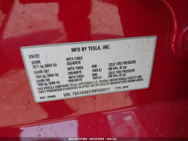 7SAYGAEE3NF558011 Tesla Model Y Long Range Dual Motor All-wheel Drive